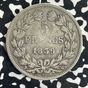 1839-W France 5 Francs Lot#T8290 Large Silver Coin!