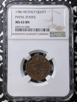 1786 Papal States 1 Quattrino NGC MS63BN Lot#G9019 Top Graded! Choice UNC!