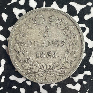 1833-W France 5 Francs Lot#T8314 Large Silver Coin!