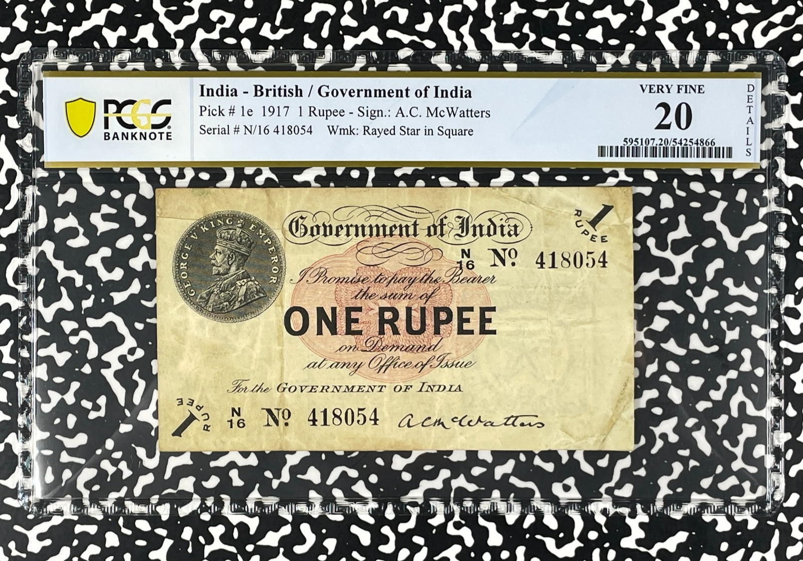 1917 India 1 Rupee Banknote PCGS VF20 Lot#B3183 Pick#1e