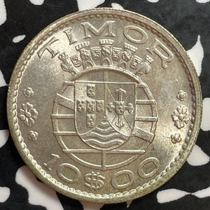 1964 Timor 10 Escudos Lot#T1235 Silver! High Grade! Beautiful!