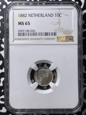 1882 Netherlands 10 Cents NGC MS65 Lot#G9056 Silver! Gem BU!