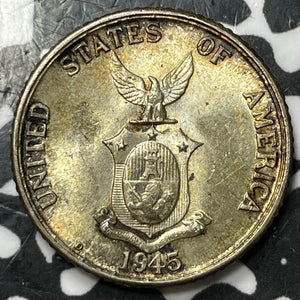 1945-D U.S. Philippines 20 Centavos Lot#D7631 Silver! High Grade! Beautiful!