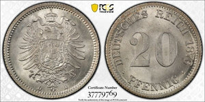 1876-D Germany 20 Pfennig PCGS MS65 Lot#G7314 Silver! Gem BU!