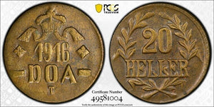 1916-T German East Africa 20 Heller PCGS AU55 Lot#G8128 Brass