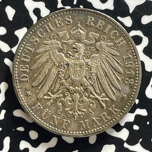 1913-F Germany Wurttemberg 5 Mark Lot#JM0139 Large Silver! Nice!