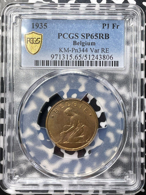 1935 Belgium 1 Franc Pattern PCGS SP65RB Lot#G9320 Top Graded! KM#Pn344