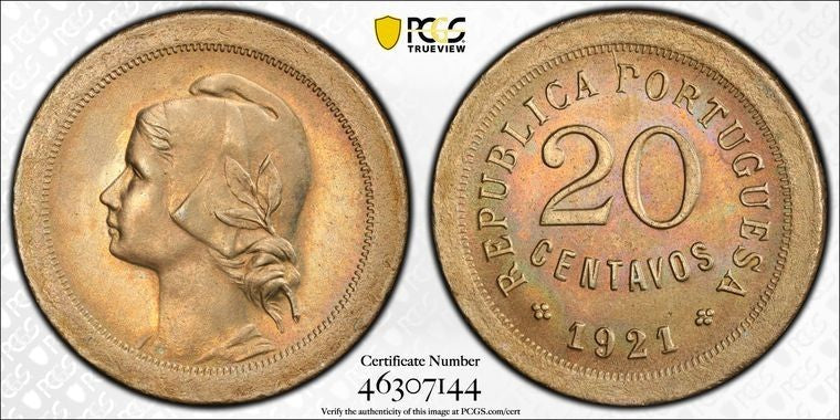 1921 Portugal 20 Centavos PCGS MS64 Lot#G2062 Choice UNC!