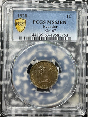 1928 Ecuador 1 Centavo PCGS MS63BN Lot#G7569 Choice UNC! KM#67