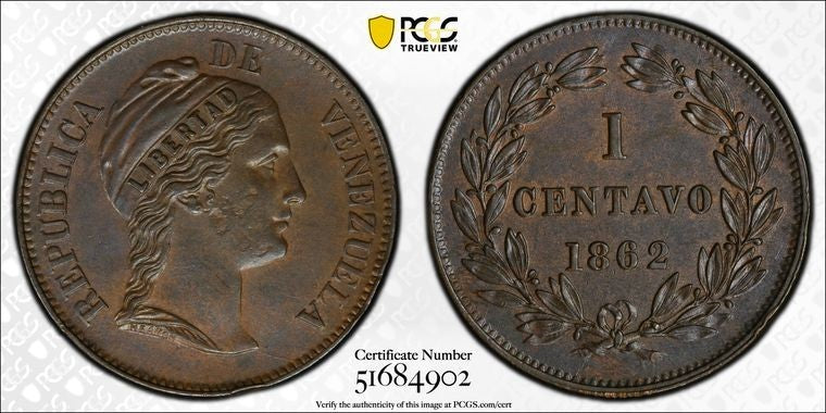 1862-H Venezuela 1 Centavo PCGS MS62BN Lot#G2019 Nice UNC! Y#7