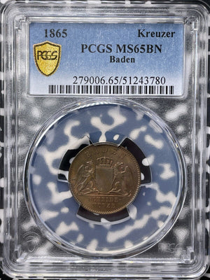 1865 Germany Baden 1 Kreuzer PCGS MS65BN Lot#G9353 Top Graded! Gem BU!