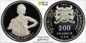 1971 Dahomey 200 Francs PCGS PR68 DCAM Lot#G8323 Silver! Gem BU! Proof! KM#2.3