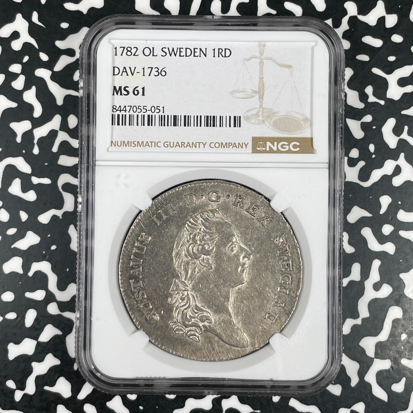 1782-OL Sweden 1 Riksdaler NGC MS61 Lot#G3596 Large Silver! Nice UNC! DAV-1736