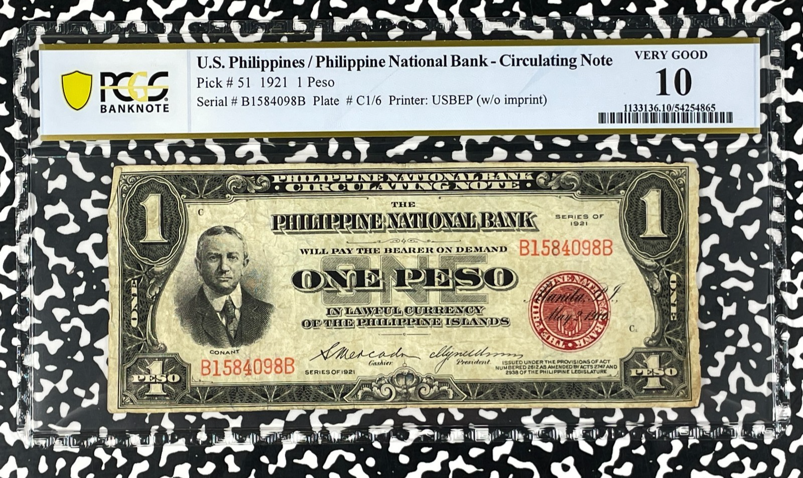 1921 U.S. Philippines National Bank 1 Peso Circulating Note PCGS VG10 Lot#B3181
