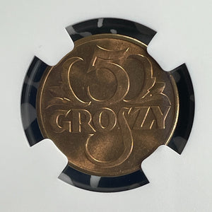 1939 Poland 5 Groszy NGC MS65RD Lot#G842 Gem BU!
