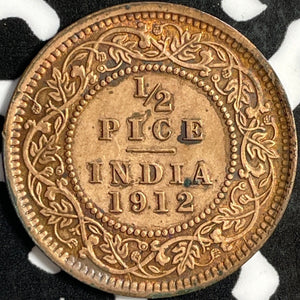 1912 India 1/2 Pice Half Pice Lot#D8522 Beautiful Detail, Spots