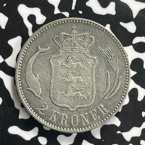 1875 Denmark 2 Kroner Lot#C0178 Silver! Better Date, Old Cleaning
