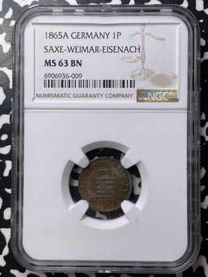 1865-A Germany Saxe-Weimar-Eisenach 1 Pfennig NGC MS63BN Lot#G8746 Choice UNC!