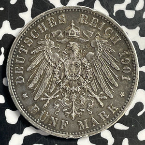 1901 Germany Prussia 5 Mark Lot#T1017 Large Silver Coin! Rim Bumps