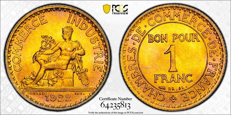 1922 France 1 Franc PCGS MS65 Lot#G4022 Gem BU! F-218, Gad#468