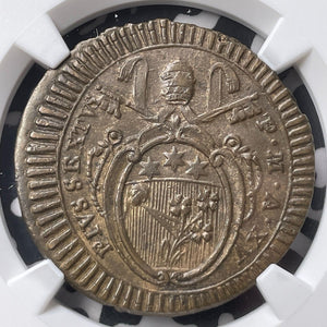 (1789) Papal States 1 Baiocco NGC AU58BN Lot#G9023 KM#1222