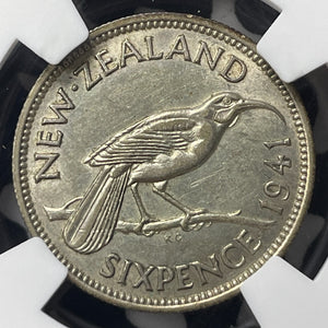 1941 New Zealand 6 Pence Sixpence NGC AU55 Lot#MK108 Silver!