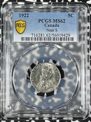 1922 Canada 5 Cents PCGS MS62 Lot#G043 Nice UNC! Near 'S' Variety