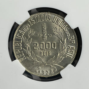 1924 Brazil 2000 Reis NGC MS64 Lot#G737 Silver! Choice UNC!