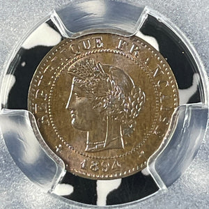 1894-A France 1 Centime PCGS MS65BN Lot#G105 Gem BU! Beautiful Toning! F-104