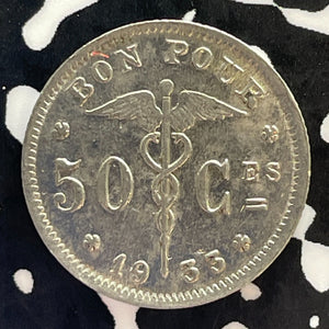 1933 Belgium 50 Centimes Lot#T3032 High Grade! Beautiful! KM#87