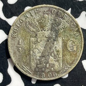 1900 Curacao 1/4 Gulden Lot#C0455 Silver! Obverse Scratch
