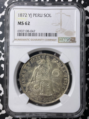 1872-YJ Peru 1 Sol NGC MS62 Lot#G9014 Large Silver! Nice UNC!