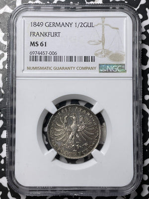 1849 Germany Frankfurt 1/2 Gulden NGC MS61 Lot#G7475 Silver! Nice UNC!