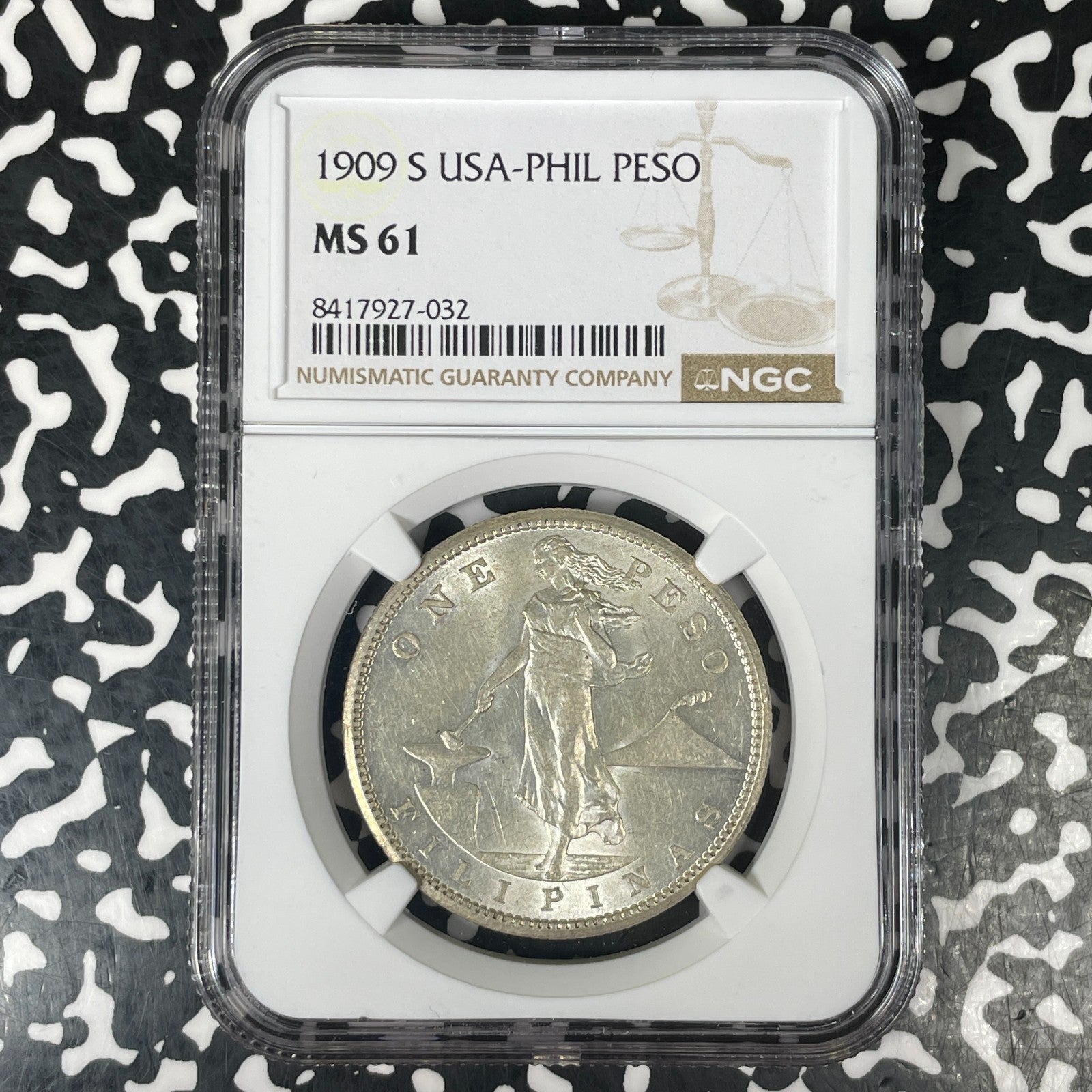 1909-S U.S. Philippines 1 Peso NGC MS61 Lot#G1545 Large Silver! Nice UNC!
