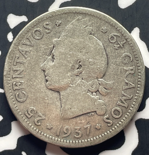1937 Dominican Republic 25 Centavos Lot#T8905 Silver!