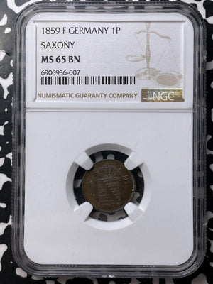 1859-F Germany Saxony 1 Pfennig NGC MS65BN Lot#G8744 Gem BU! Top Graded!