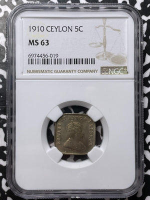 1910 Ceylon 5 Cents NGC MS63 Lot#G7668 Choice UNC!