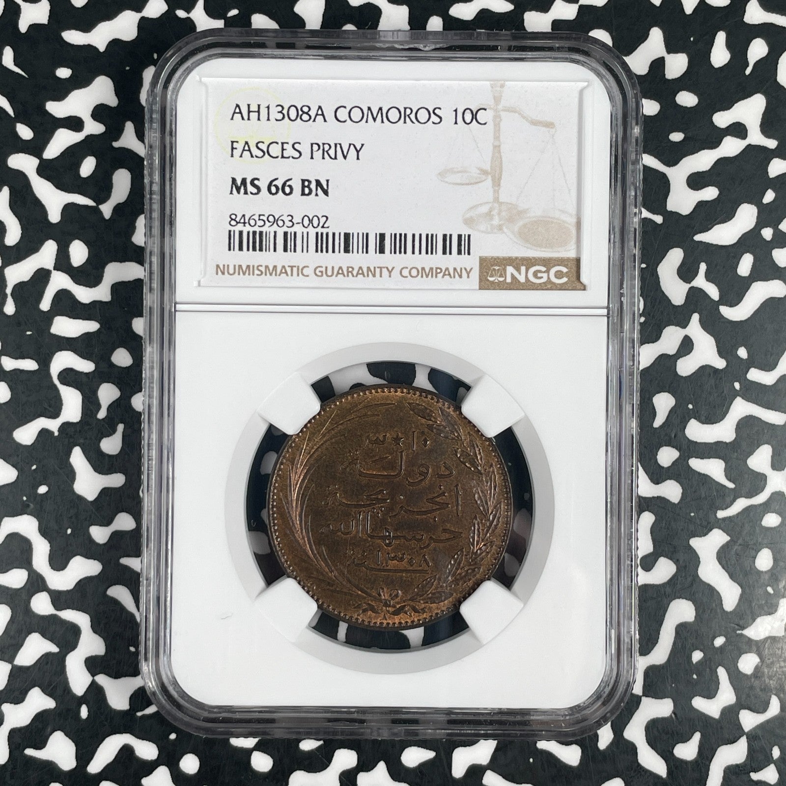 AH 1308-A (1891) Comoros Island 10 Santimat NGC MS66BN Lot#G3761 Gem BU!