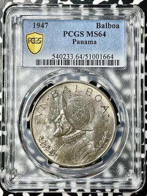 1947 Panama 1 Balboa PCGS MS64 Lot#G9836 Large Silver! Choice UNC!