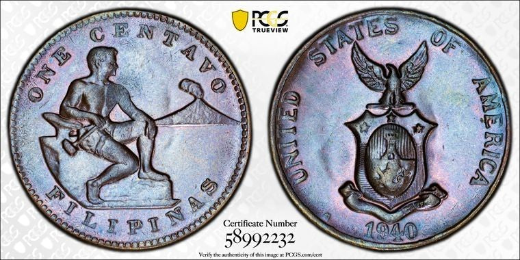 1940-M U.S. Philippines 1 Centavo PCGS MS63BN Lot#G3980 Choice UNC!