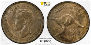 1941-K.G P Australia 1 Penny PCGS Questionable Color-UNC Detail Lot#G9195 Scarce