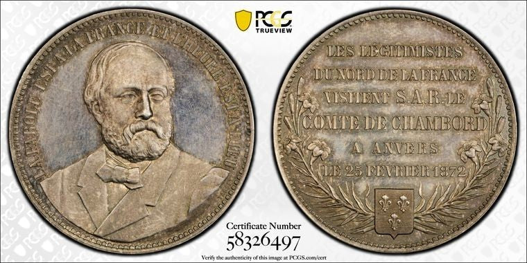 1872 France Count Of Chambord Medal PCGS MS62 Lot#G3939 Silver! Nice UNC!