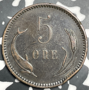 1882 Denmark 5 Ore Lot#T9353 Key Date! Rim Bump