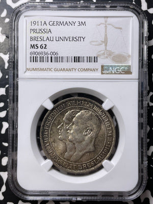 1911-A Germany Prussia Breslau University 3 Mark NGC MS62 Lot#G8743 Silver!