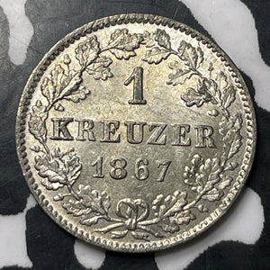 1867 Germany Wurttemburg 1 Kreuzer Lot#E6843 Silver! High Grade! Beautiful!