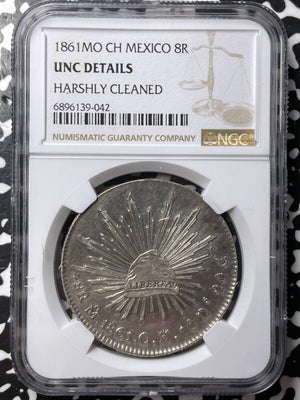 1861-Mo CH Mexico 8 Reales NGC Harshly Cleaned-UNC Det. Lot#G8075 Large Silver!