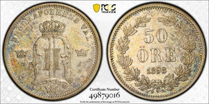 1898-EB Sweden 50 Ore PCGS MS63 Lot#G8170 Silver! Key Date! Choice UNC!