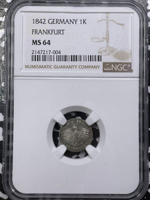 1842 Germany Frankfurt 1 Kreuzer NGC MS64 Lot#G6019 Silver! Choice UNC!