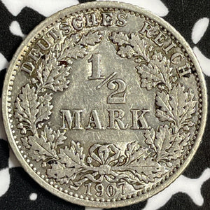 1907-E Germany 1/2 Mark Half Mark Lot#D6980 Silver! Nice! Better Date