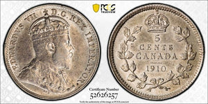 1910 Canada 5 Cents PCGS AU55 Lot#G982 Silver! Round Leaves, Scarce Variety!